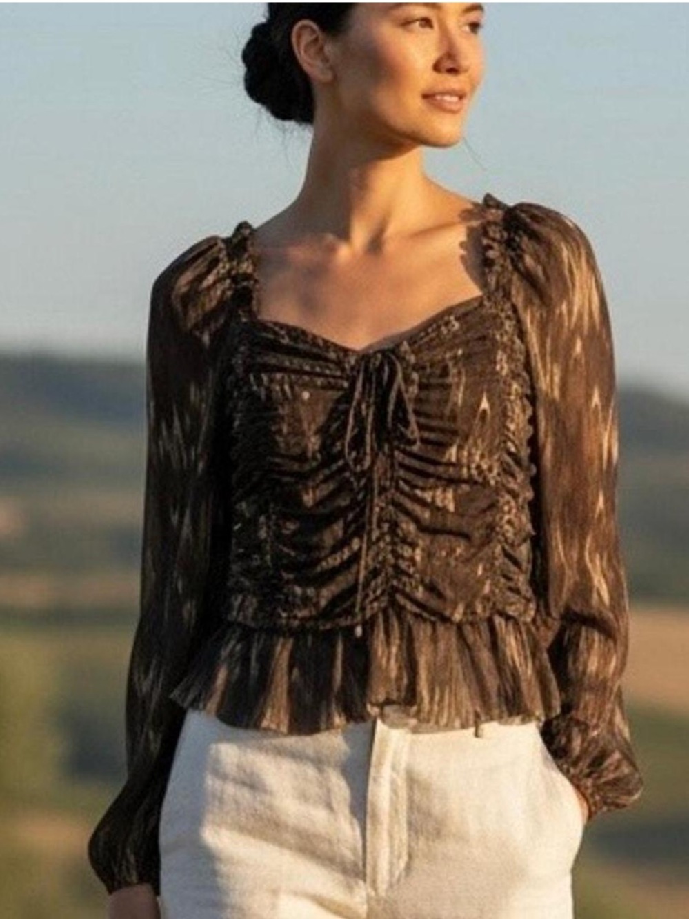 HOUSE OF HARLOW 1960 Boho Ruched Tie-Front Long-Sleeve Top in Brown